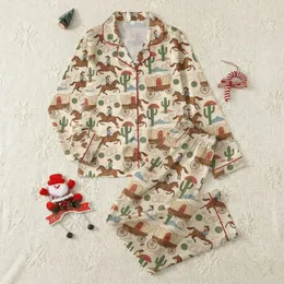 Women's Whimsical Western Desert Cowboy & Saguaro Cacti Illustrative Brown Red Green Pattern Satin Pajamas Set