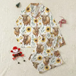 Women's Whimsical Watercolor Highland Cow & Golden Sunflower Ochre Sepia Sage Green Botanical Pattern on White Satin Pajamas Set