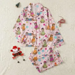 Women's Whimsical Pink Anthropomorphic Leopard Fuchsia Blue Yellow Spots & Stars Satin Pajamas Set