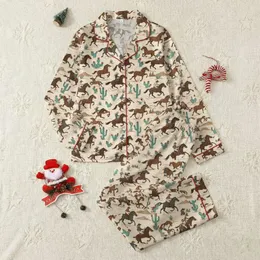 Women's Wild West Desert Galloping Horses Teal Saguaro Cactus Sandy Beige Illustrative Art Satin Pajamas Set
