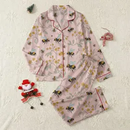 Women's Hand-Drawn Pastel Pink Botanical Bumblebee & Golden Wildflower Garden Pattern Satin Pajamas Set