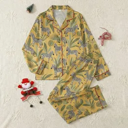 Women's Marigold Tropical Savanna Zebras Black & White Stripe Green Leaf Illustrative Pattern Satin Pajamas Set