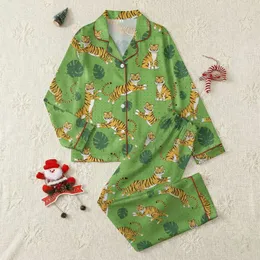 Animal Lovers' Whimsical Yellow-Gold Tiger Emerald Leaf Kelly Green Polka Dot Pattern Satin Pajamas Set