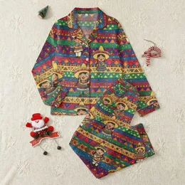 Women's Vibrant Red Blue Green Chibi Mariachi Festive Geometric Stripe Satin Pajamas Set