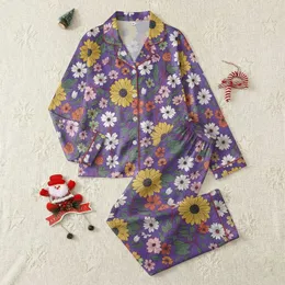 Women's Royal Purple Botanical Tapestry with Bold Yellow Chrysanthemums and Illustrative Floral Outline Art Satin Pajamas Set