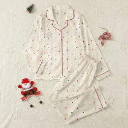 Women's Gentle Cozy Creamy Off-White Quilted Cable Knit Pattern, Red Green Yellow Polka Dots, Pink Accent Lines Satin Pajamas Set
