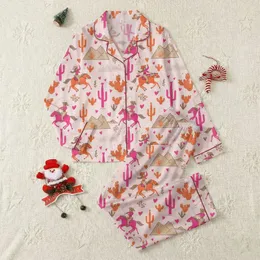 Women's Whimsical Western Cowgirl & Horse Illustrative Desert Landscape with Hot Pink Cacti Satin Pajamas Set