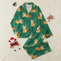 Adults' Whimsical Illustrative Golden Orange Tigers Emerald Green Jungle Leaf Polka Dot Pattern Satin Pajamas Set