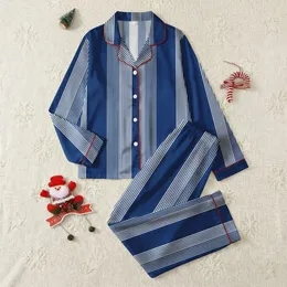 Women's Crisp Cobalt Blue White Alternating Fine Broad Vertical Stripe Geometric Pattern Satin Pajamas Set