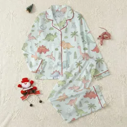 Playful Women's Seamless Pastel Sky Blue Hand-Drawn Cartoon Dinosaurs & Prehistoric Flora Pattern Satin Pajamas Set
