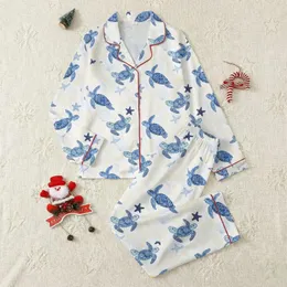 Women's Serene Blue Sea Turtle & Cream Coral Ocean Life Hand-Drawn Pattern Satin Pajamas Set