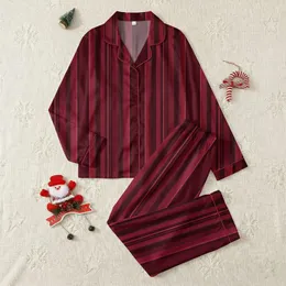 Shared Style Enthusiasts' Deep Crimson Burgundy Plum Vertical Stripes with Geometric Inlays Satin Pajamas Set