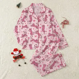 Women's Playful Fuchsia Pink Leopard & Heart Line Art Pattern on Pastel Pink Satin Pajamas Set