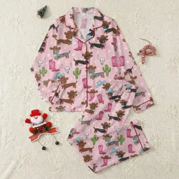 Dachshund Lovers' Whimsical Cowboy Dachshunds, Hot Pink Boots, Green Cactus & Blue Hats Pattern Satin Pajamas Set