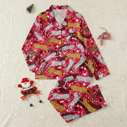 Women's Vibrant Red Whimsical Leopard Pattern with Multi-Color Spots, Scattered Hearts, Stars Satin Pajamas Set