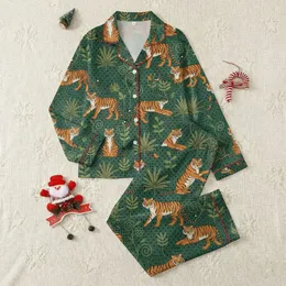 Women's Retro Emerald Green Polka Dot Orange Tiger Jungle Pattern with Olive Leaves Satin Pajamas Set