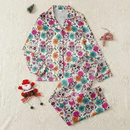 Women's Vibrant Sugar Skull Floral Pattern White Background Fuchsia Teal Orange Satin Pajamas Set