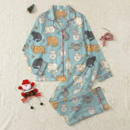 Cat Lovers' Whimsical Flat Cartoon Cat Breeds Robin's Egg Blue Orange Grey Motif Satin Pajamas Set