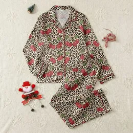 Women's Playful Beige Tan Leopard Spot with Bright Red Cherries & Pink Bows Satin Pajamas Set
