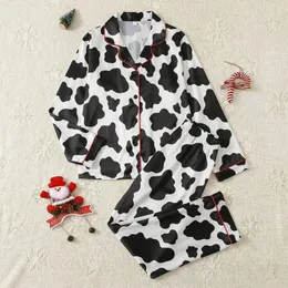 Women's Whimsical Black & White Organic Cow Spot Interlocking Pattern Satin Pajamas Set
