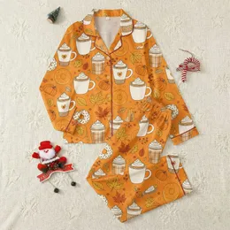 Women's Vibrant Orange Coffee Cup Donut Autumn Leaf Playful Illustrative Pattern Satin Pajamas Set
