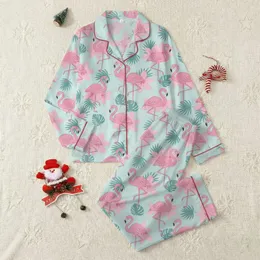 Women's Whimsical Pink Flamingo Tropical Aqua Blue Flower Palm Leaf Repeat Satin Pajamas Set
