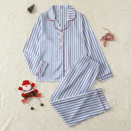 Women's Soft Periwinkle Blue & Crisp White Thin Vertical Stripes with Delicate Pink Four-Leaf Clovers Satin Pajamas Set