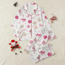 Women's Whimsical Pink Cream Watercolor Floral Teacup Butterfly & Ribbon Pattern Satin Pajamas Set