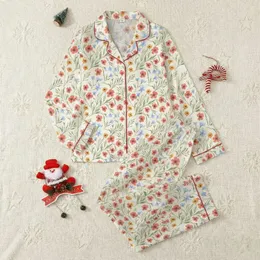 Women's Hand-Drawn Vintage Watercolor Wildflower Coral Pink Blue Sage Pattern Satin Pajamas Set