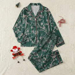 Women's Intricate Emerald Green Blush Pink Chinoiserie Plum Cherry Peony Bamboo Line Art Satin Pajamas Set
