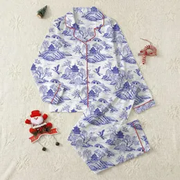 Women's Crisp White Cobalt Blue Toile de Jouy Willow Tree Crane River Pagoda Pattern Satin Pajamas Set
