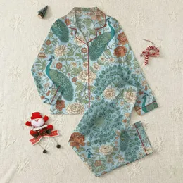 Women's Sky Blue Majestic Peacock Emerald Teal Vintage Botanical Floral Motif Satin Pajamas Set