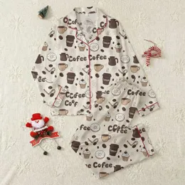 Women's Muted Beige All-Over Coffee & Dessert Pattern with Dark Chocolate Mugs, White Frosted Donuts Satin Pajamas Set