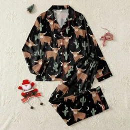 Women's Whimsical Folk Art Highland Cow Cactus Desert Night Black Sage Pattern Satin Pajamas Set