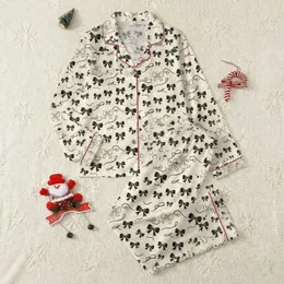 Women's Elegant Black Bows & Ribbons Pattern with White Polka Dot Accents on Cream Satin Pajamas Set