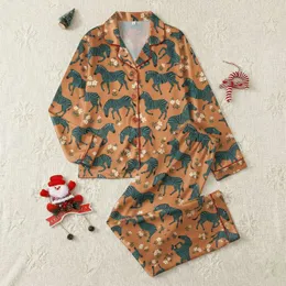 Women's Stylized Burnt Orange Teal Zebra Cream Blossom Hand-Drawn Illustrative Pattern Satin Pajamas Set