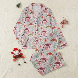 Women's Illustrative Pastel Pink Coral Reef Sea Turtle, Mint Seaweed & Deep Navy Urchin Pattern Satin Pajamas Set