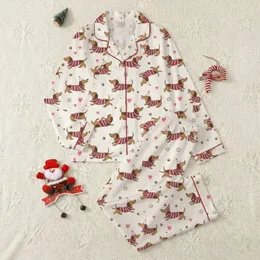 Women's Playful Dachshund Dog Pattern with Bubblegum Pink Sweaters & Party Hats on Off-White Satin Pajamas Set