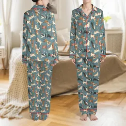 Women's Cozy Whimsical Teal Blue Cat All-Over Illustrative Pattern with Pink Accessory Details Satin Pajamas Set