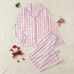 Women's Delicate Pastel Pink & White Striped Whimsical Bow Heart Flower Pattern Satin Pajamas Set