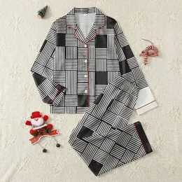 Women's Crisp Black White Geometric Striped Blocks Vertical Horizontal Diagonal Pattern Satin Pajamas Set