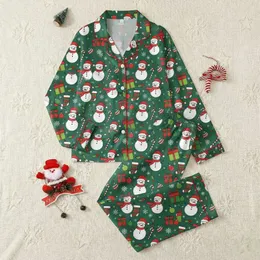 Women's Evergreen Green & Red Festive Cartoon Snowmen, Candy Canes, Holiday Gift & Ornament Pattern Satin Pajamas Set