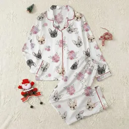French Bulldog Lovers' White Watercolor French Bulldog Charcoal Blush Rose Floral Satin Pajamas Set