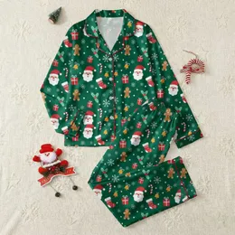 Women's Deep Forest Green Christmas Santa Gingerbread Stocking Holly Candy Cane Pattern Satin Pajamas Set
