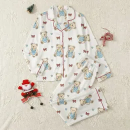 Women's Creamy Off-White Cartoon Teddy Bear Light Blue Overalls Dark Red Bows Pattern Satin Pajamas Set