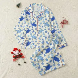 Women's Intricate Cerulean Aqua Royal Blue Sea Turtle Coral Ocean Floor Pattern Satin Pajamas Set
