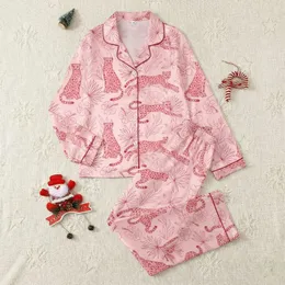 Women's Light Pastel Pink Whimsical Cheetah All-Over Print with Rosy Tropical Palm Leaves & Hibiscus Graphics Satin Pajamas Set
