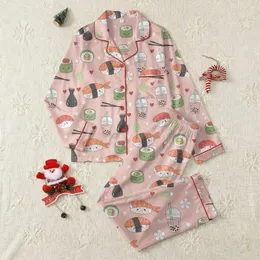 Women's Blush Pink Whimsical Cartoon Smiling Sushi Boba Tea Cherry Blossom Pattern Satin Pajamas Set