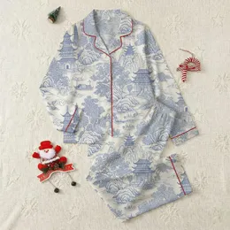 Women's Delft Blue Chinoiserie Engraved Landscape Toile, Pagoda & Crane Pattern on Cream White Satin Pajamas Set