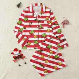 Men's Festive Red White Wide Stripe Cartoon Elf Hat Jingle Bell Candy Cane Motif Satin Pajamas Set